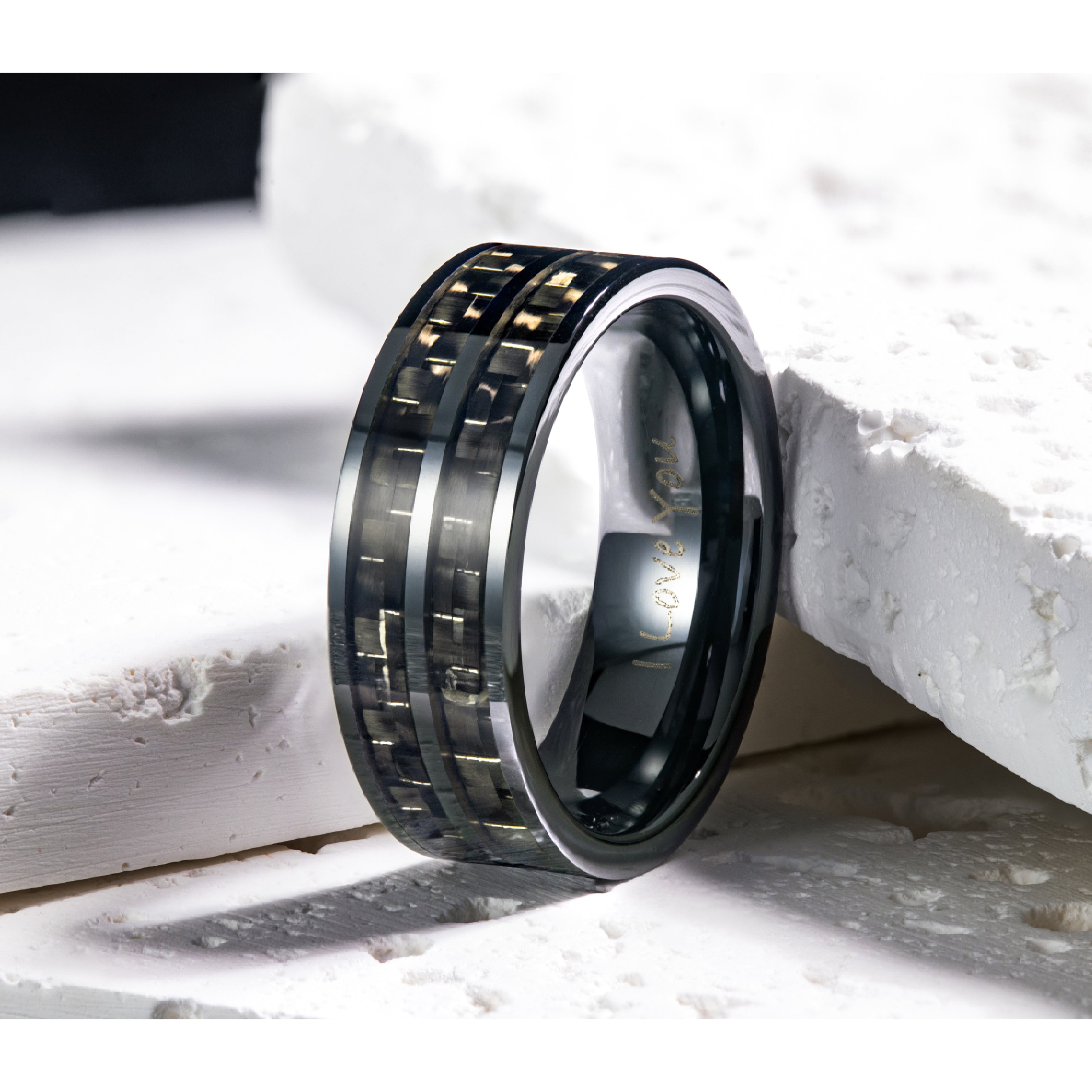 Men's Black Ceramic Ring with Black Carbon Fiber, Engraved I Love You
