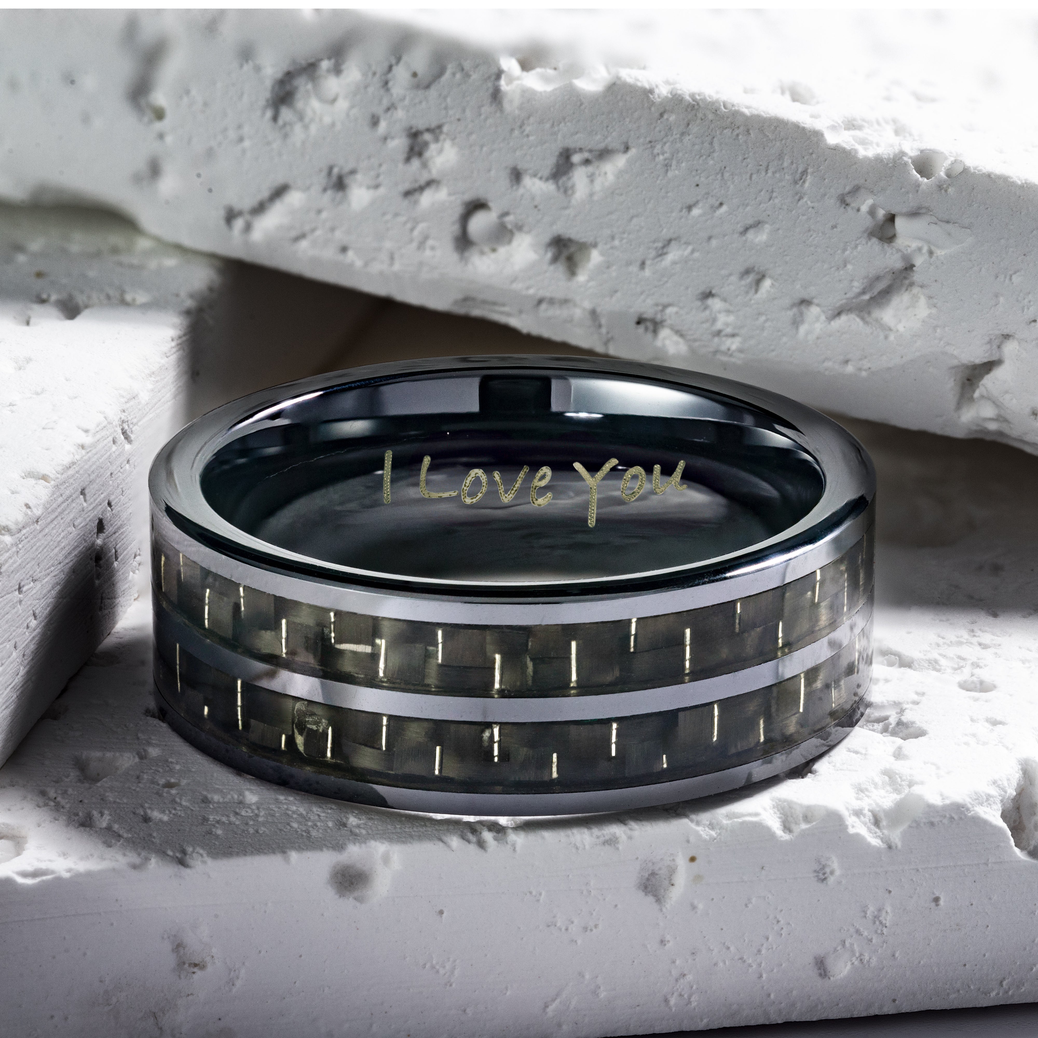 Men's Black Ceramic Ring with Black Carbon Fiber, Engraved I Love You