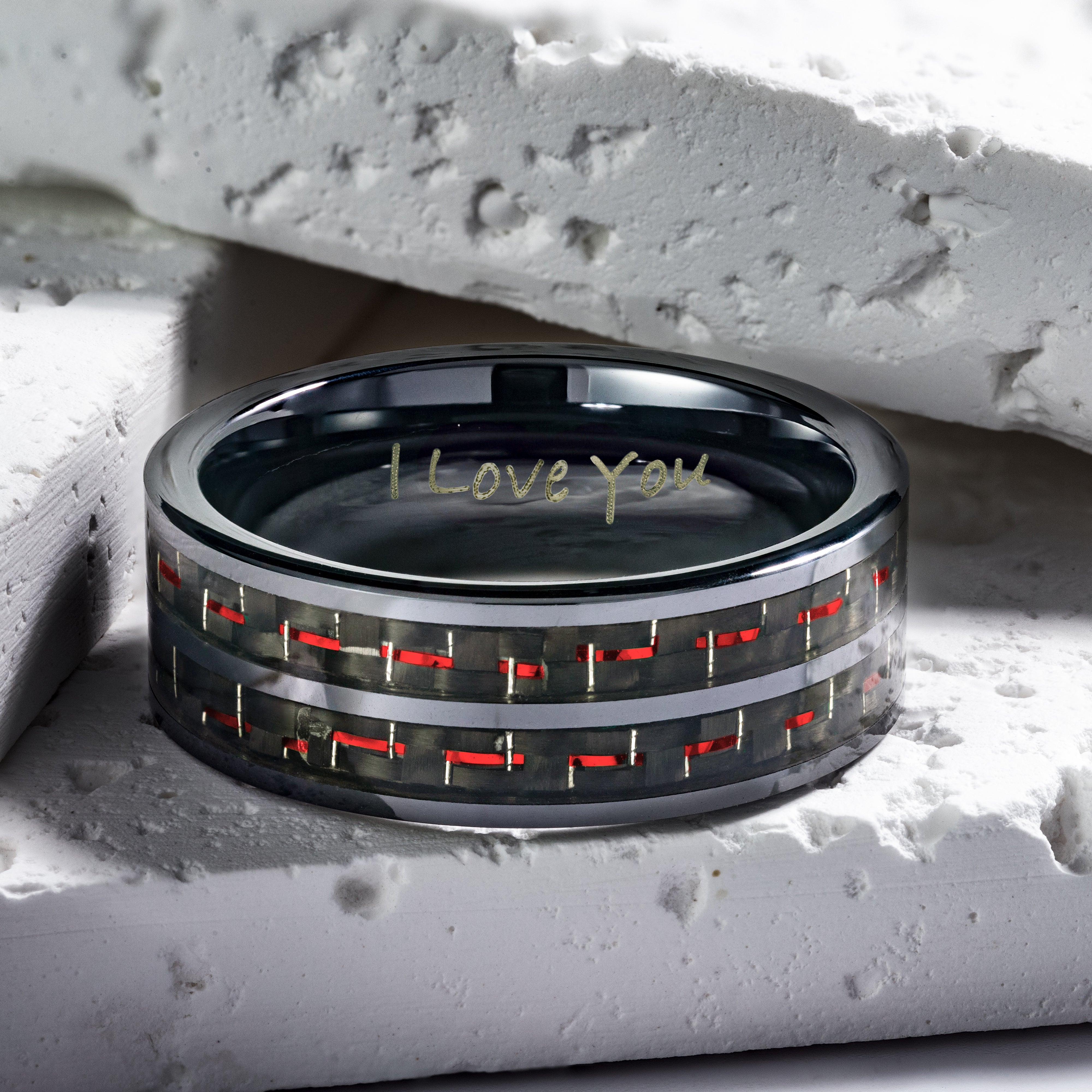 Men's Black Ceramic Ring with Red Carbon Fiber, Engraved I Love You