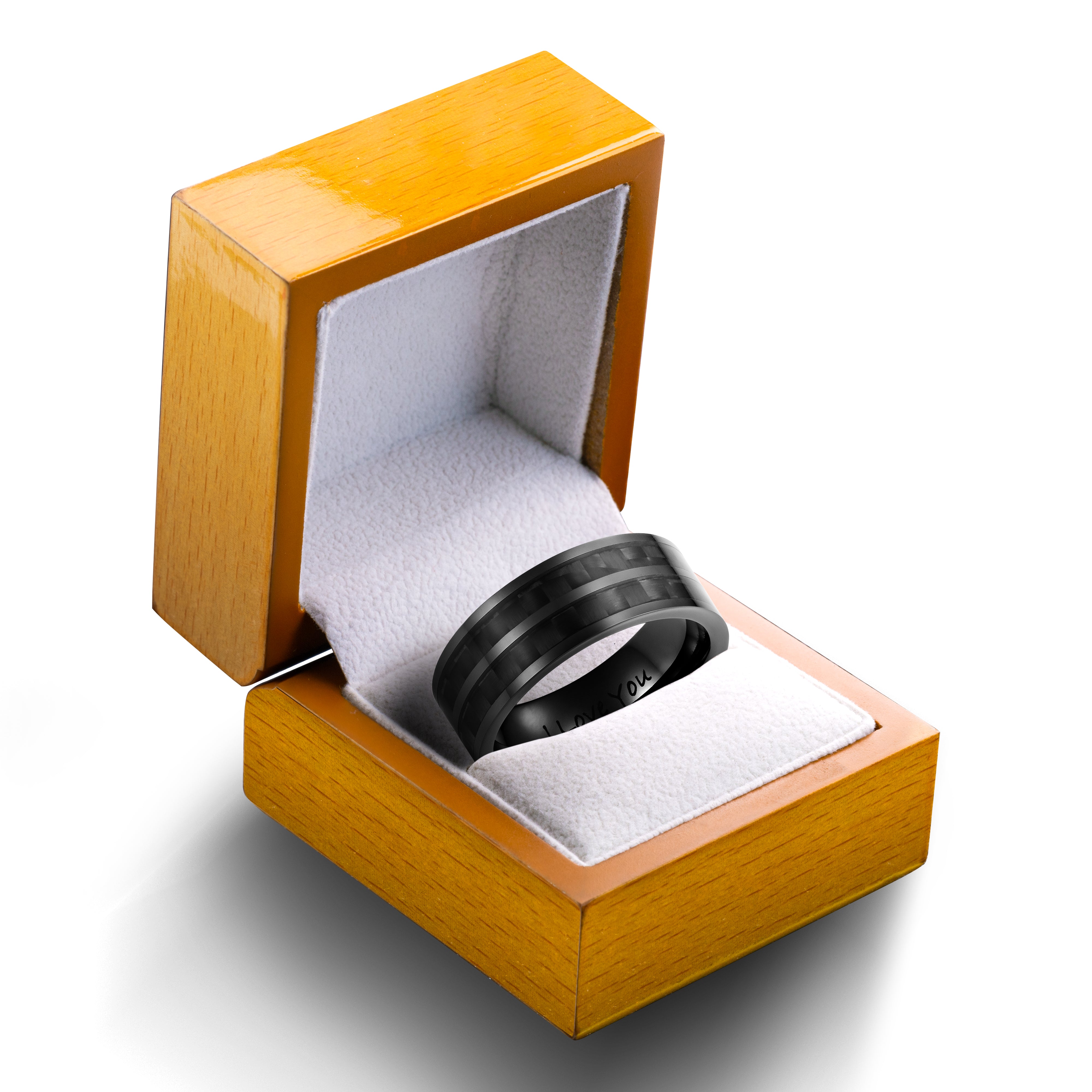 Men's Black Ceramic Ring with Black Carbon Fiber, Engraved I Love You