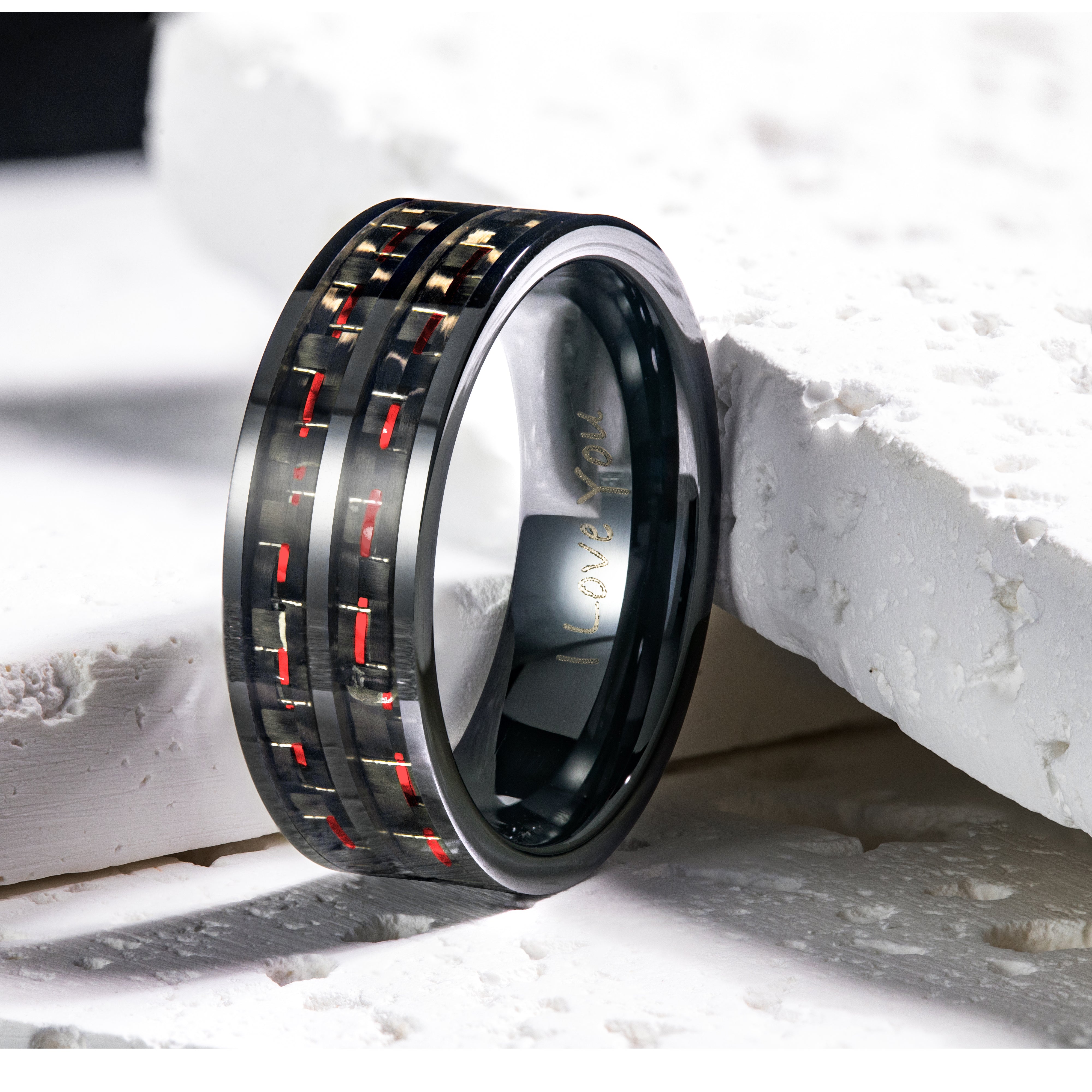 Men's Black Ceramic Ring with Red Carbon Fiber, Engraved I Love You