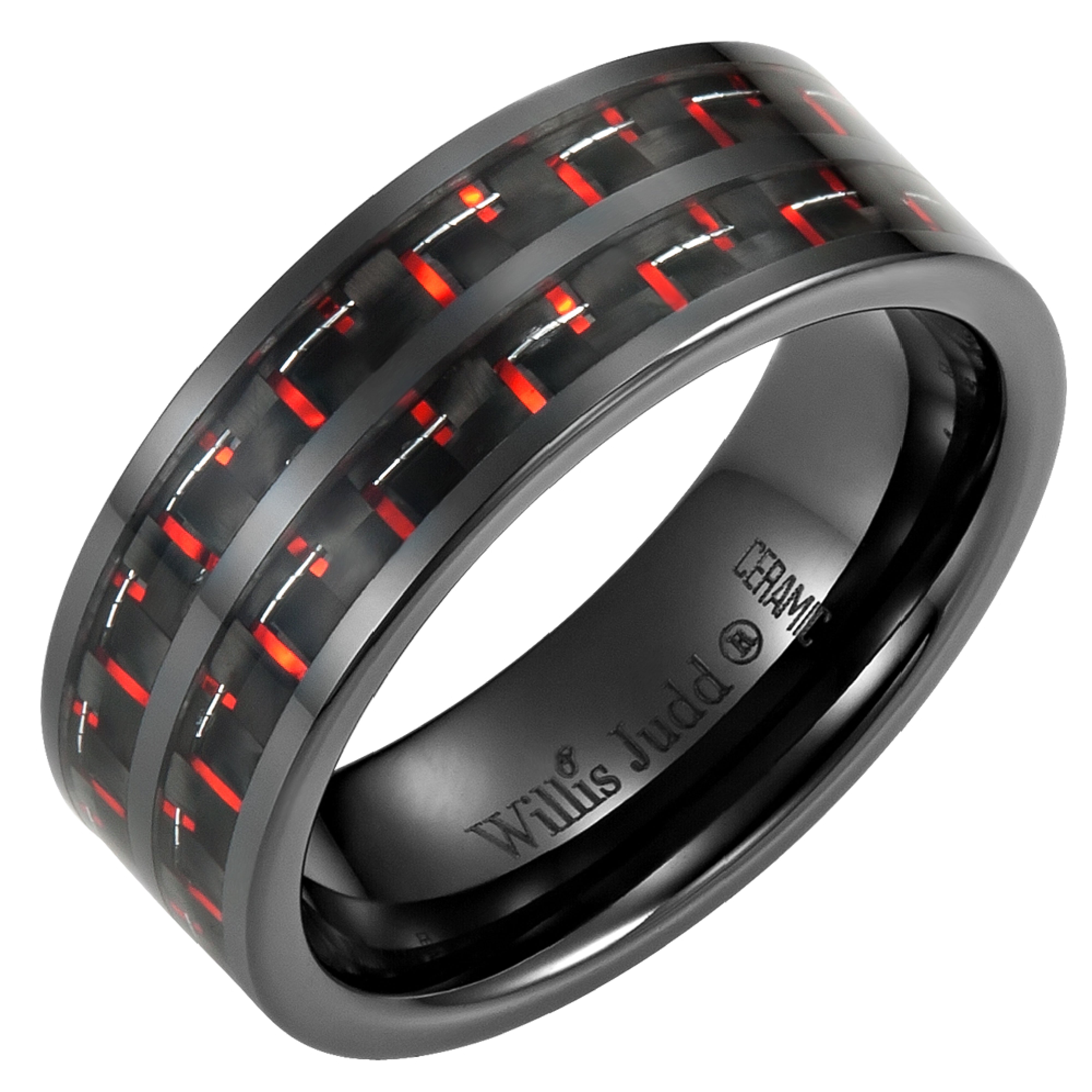 Men's Black Ceramic Ring with Red Carbon Fiber, Engraved I Love You