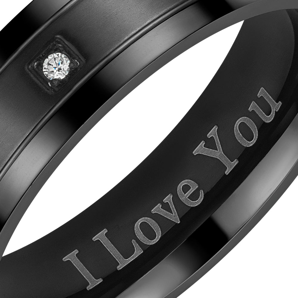 Mens Black Titanium CZ Ring I Love You 7mm