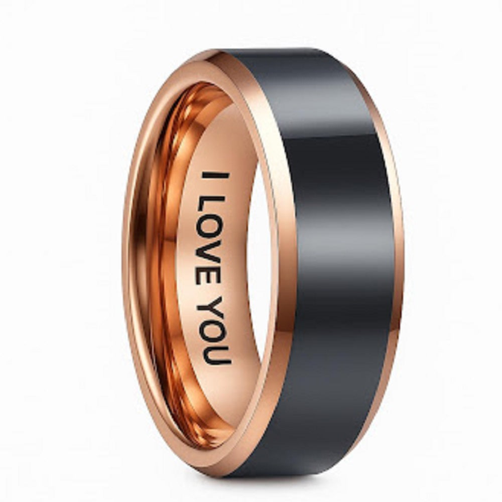 Willis Judd Mens Black Tungsten Ring Engraved I Love You in Wooden Gift Box 8mm Comfort Fit Rose Gold
