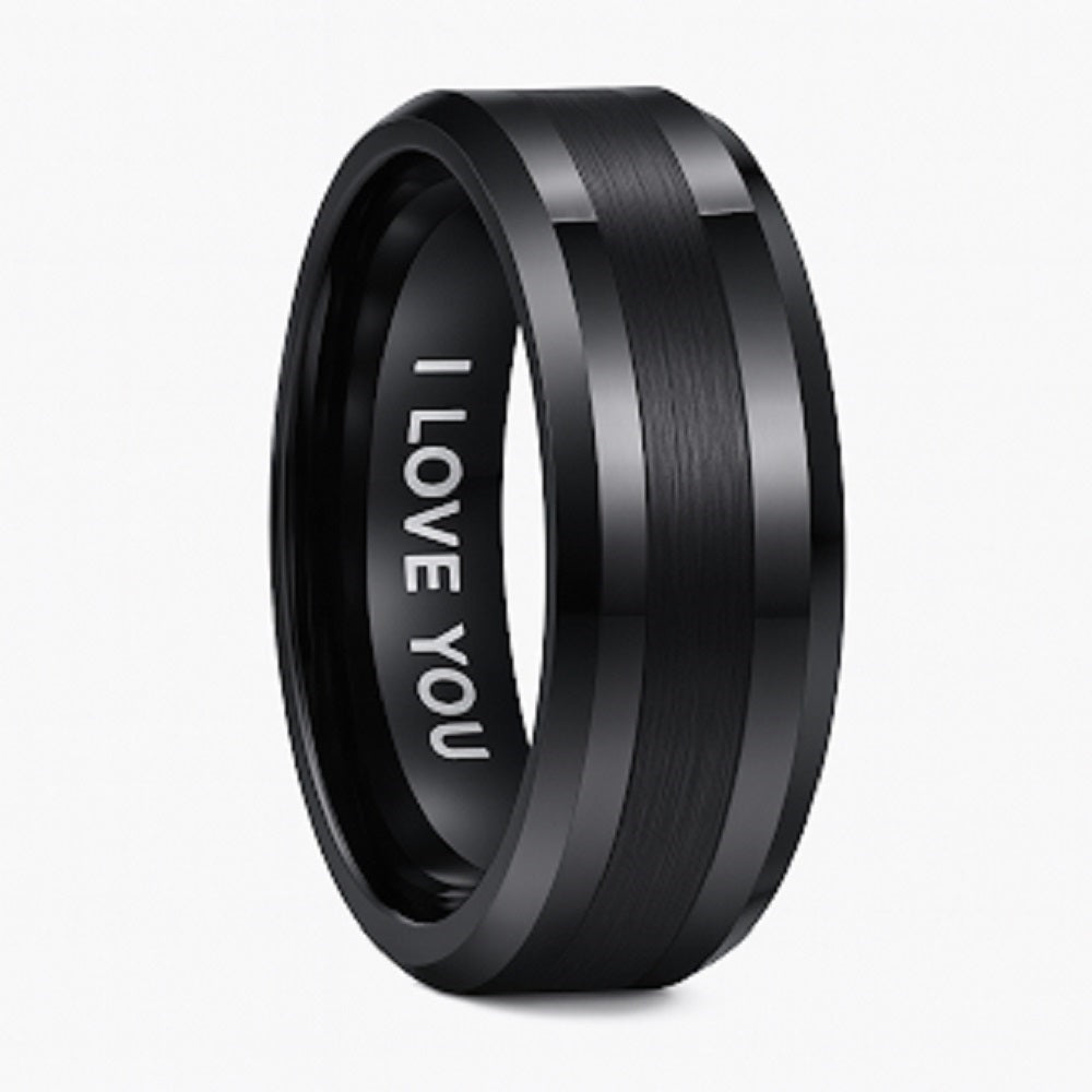 Willis Judd Mens Tungsten Ring Engraved I Love You in Wooden Gift Box 8mm Comfort Fit Black