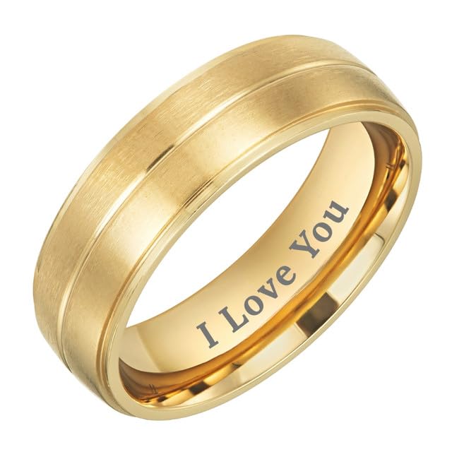 Willis Judd Titanium Mens Gold Ring Engraved I Love You in Wooden Gift Box 7mm