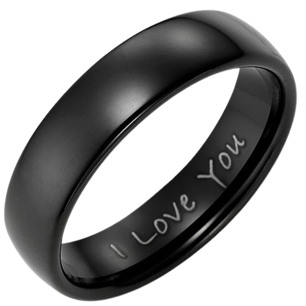 Mens Black Tungsten engagement ring with I Love You Engraving