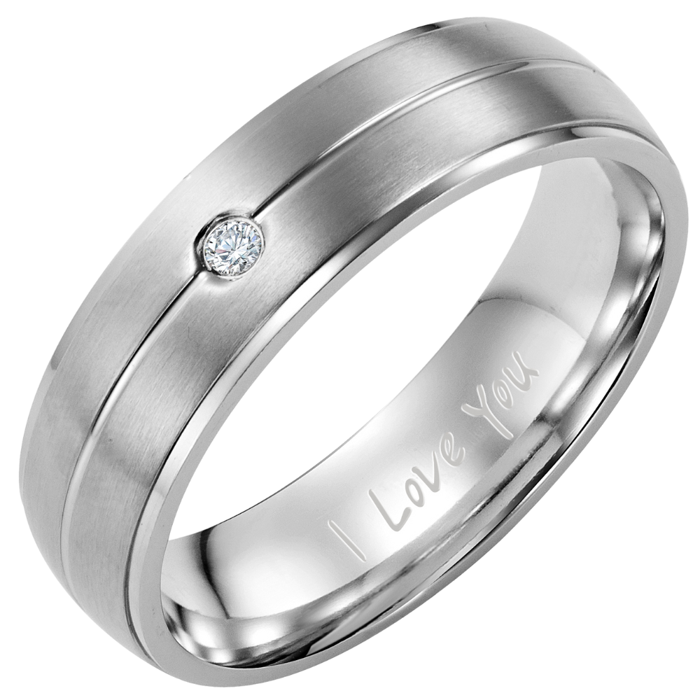Mens Titanium Ring Etched I Love You with CZ Stone
