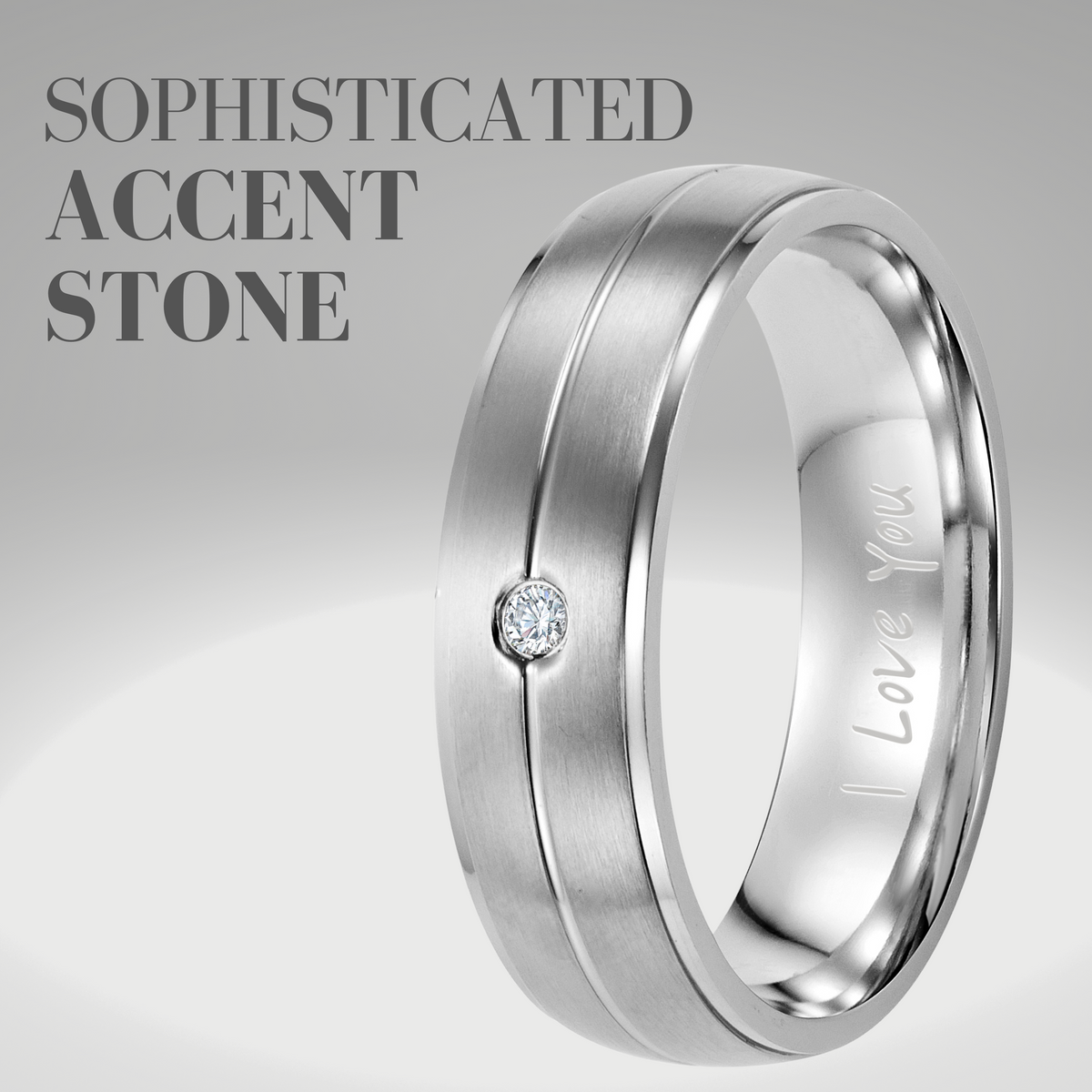Mens Titanium Ring Engraved I Love You with CZ Stone
