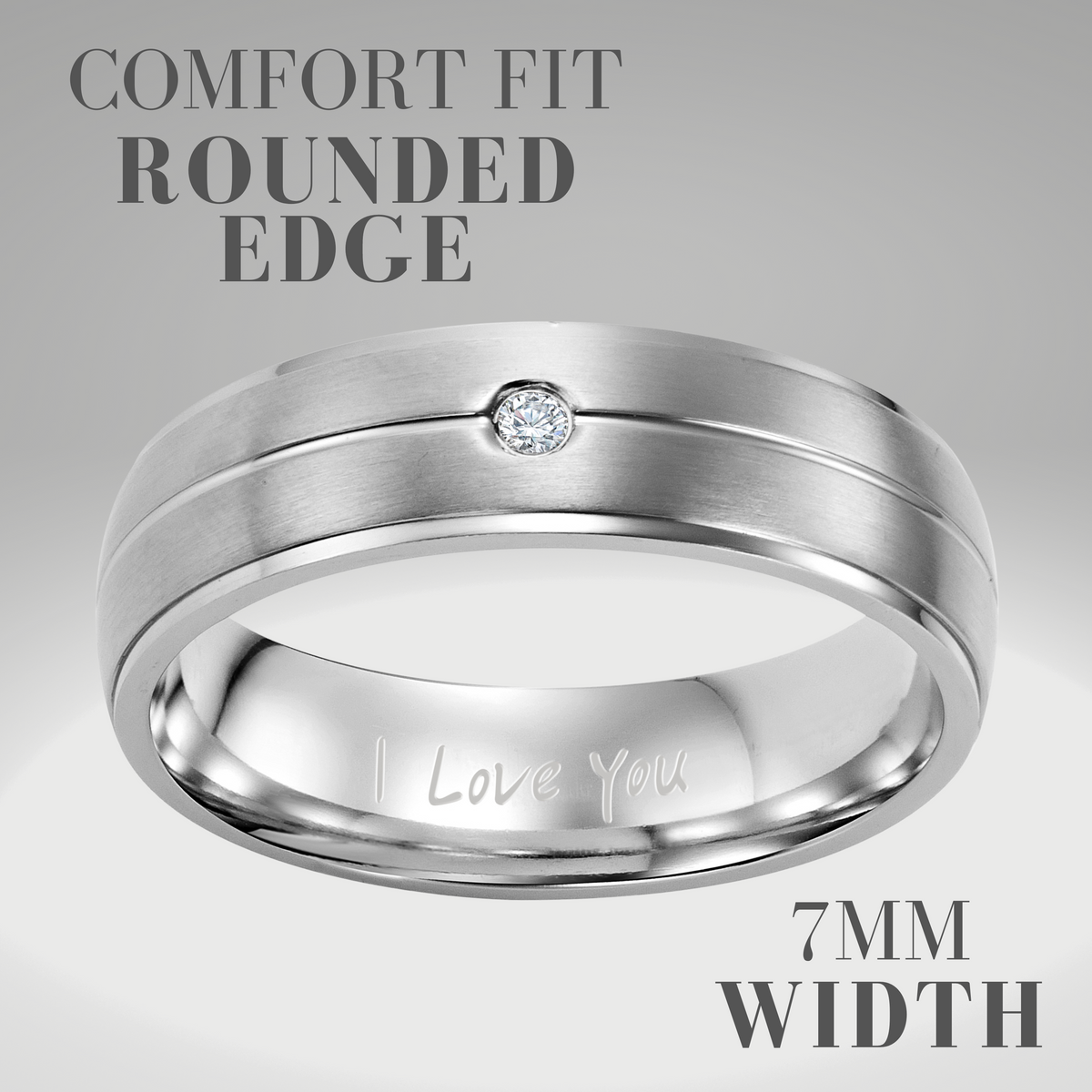 Mens Titanium Ring Engraved I Love You with CZ Stone