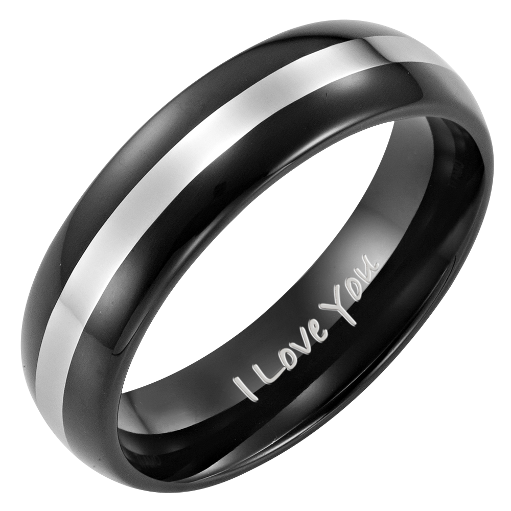 Men's Tungsten Carbide Ring Two Tone Black Engraved I love You