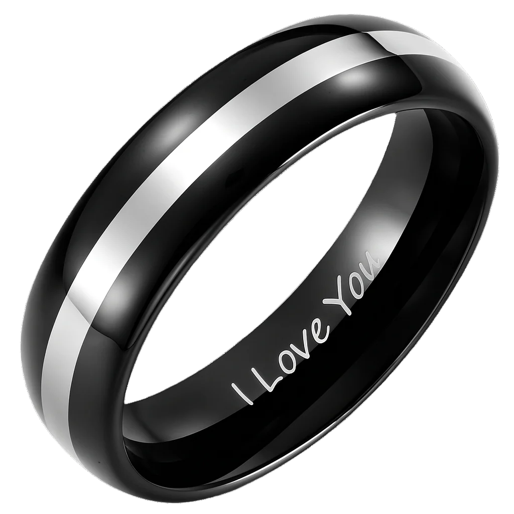 Men's Tungsten Carbide Ring Two Tone Black Etched I love You