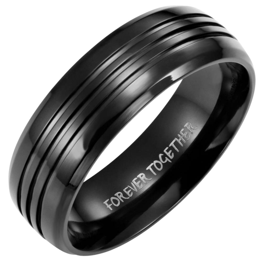 Mens 8mm Black Titanium Band Ring Etched Forever Together