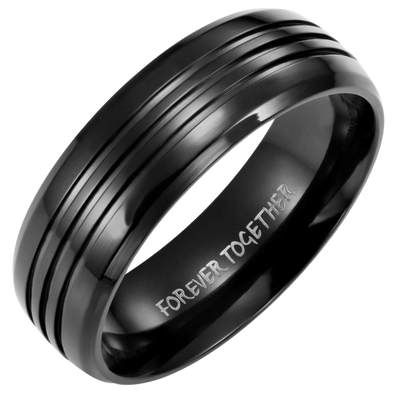 Mens 8mm Black Titanium Band Ring Engraved Forever Together