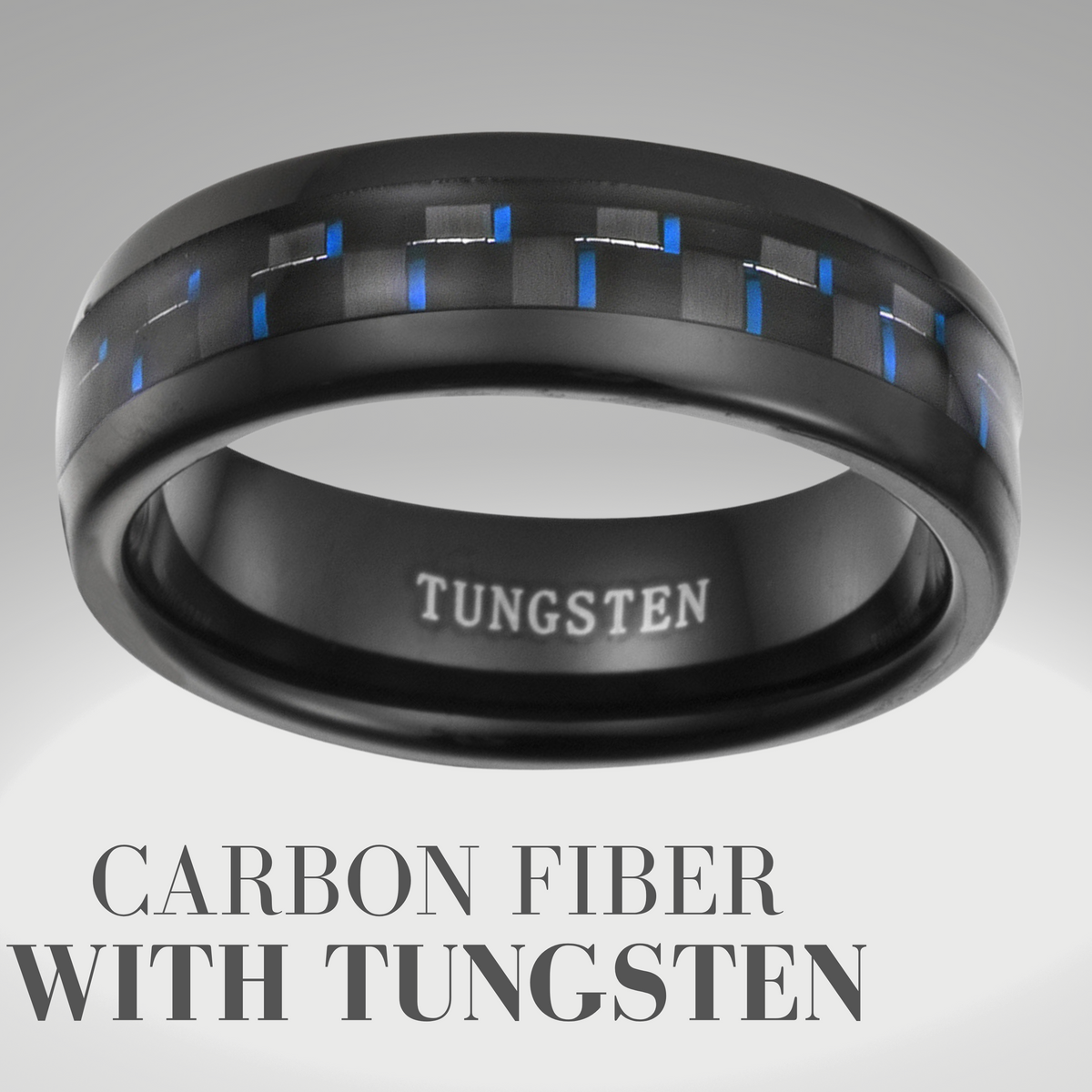 Men&#39;s Black Tungsten Ring with Blue Carbon Fiber