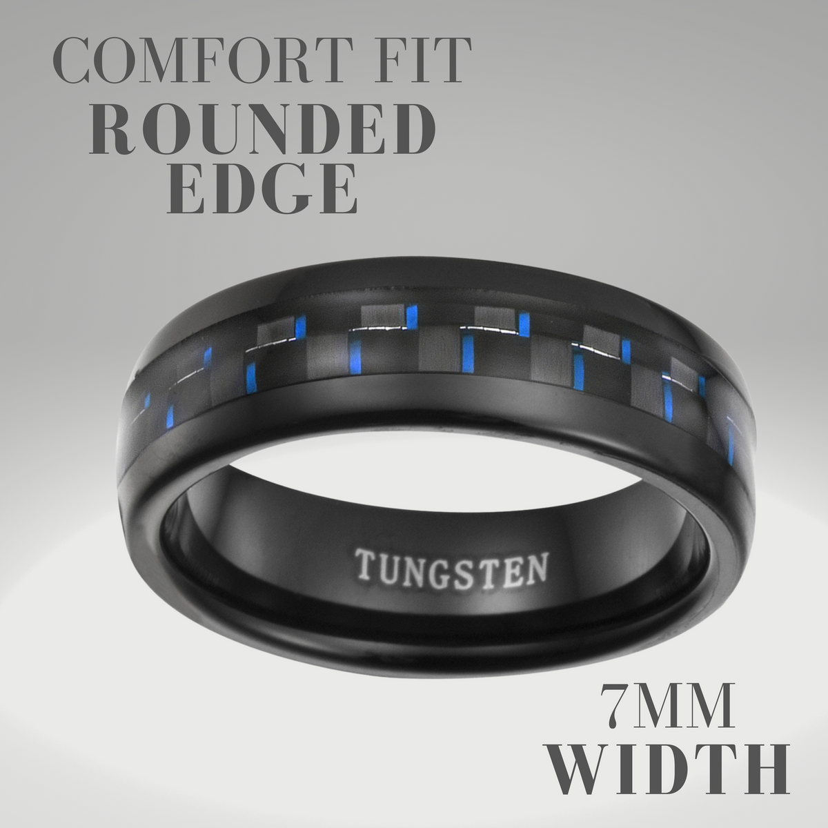 Men&#39;s Black Tungsten Ring with Blue Carbon Fiber