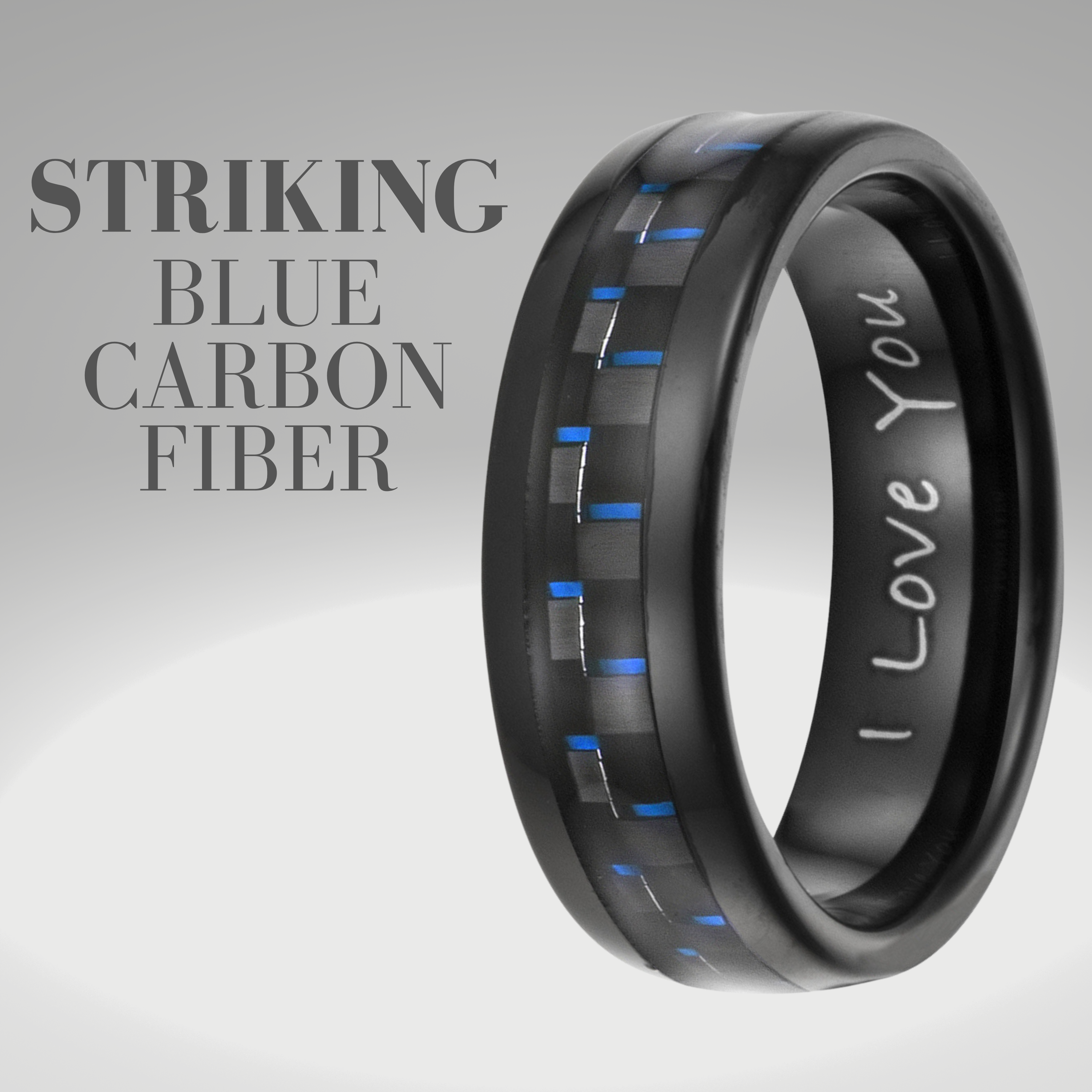Men's 7mm Tungsten Blue Carbon Fibre Ring Etched I Love You