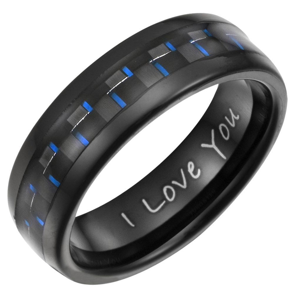 Men's 7mm Tungsten Blue Carbon Fibre Ring Engraved I Love You