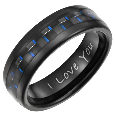 Willis Judd Men's 7mm Tungsten Blue Carbon Fibre Ring Engraved I Love You