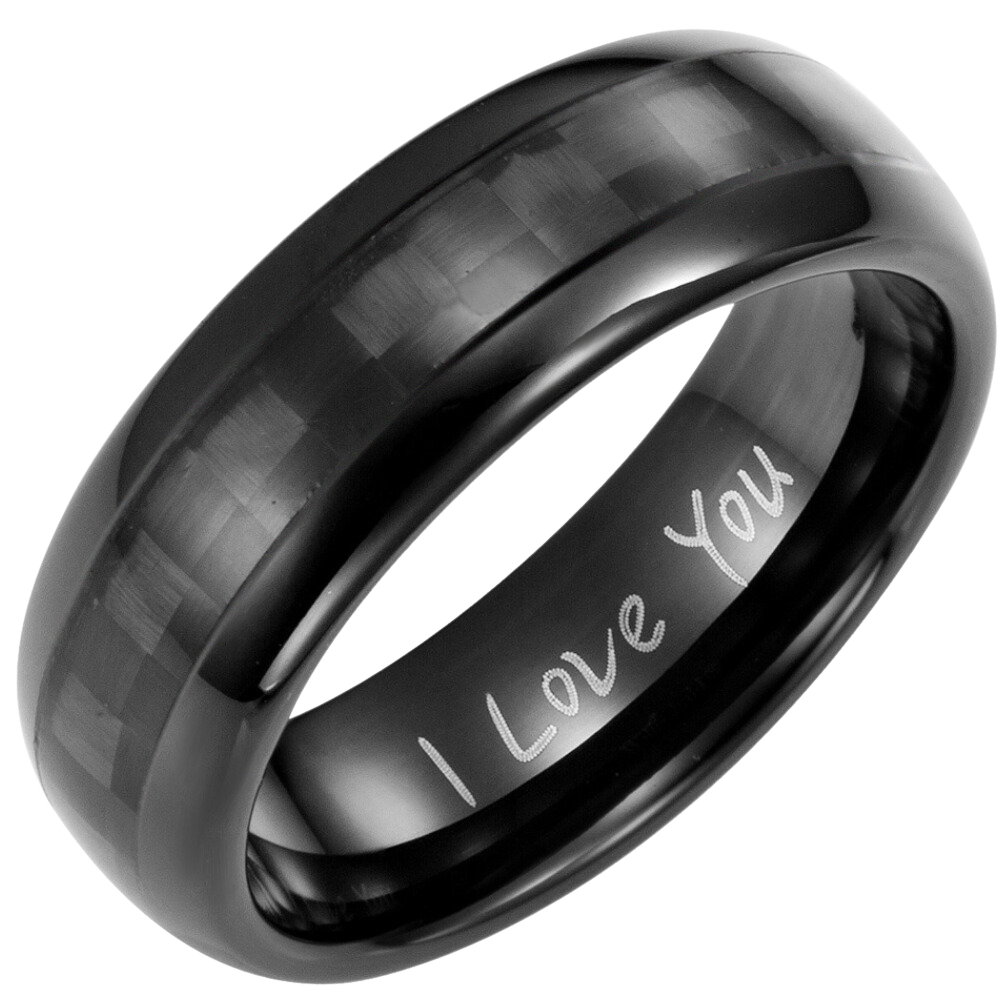 Men's Black Tungsten Ring with Black Carbon Fibre Engraved I Love You