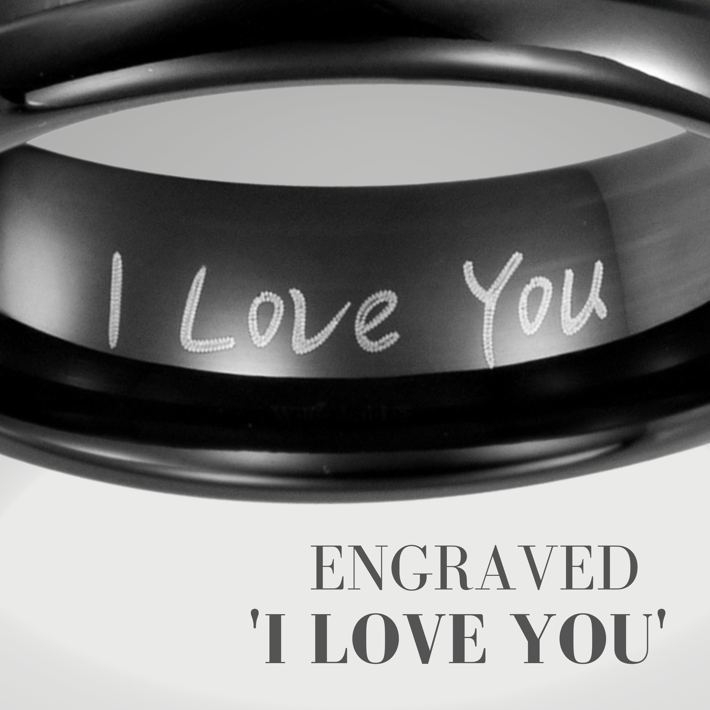 Men's Black Tungsten Ring with Black Carbon Fibre Etched I Love You