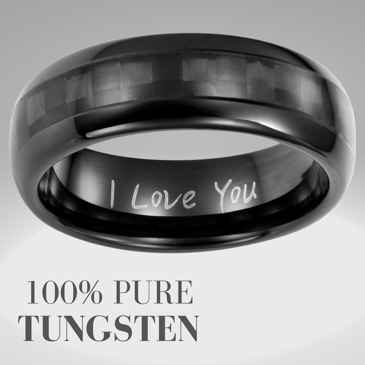 Men&#39;s Black Tungsten Ring with Black Carbon Fibre Engraved I Love You