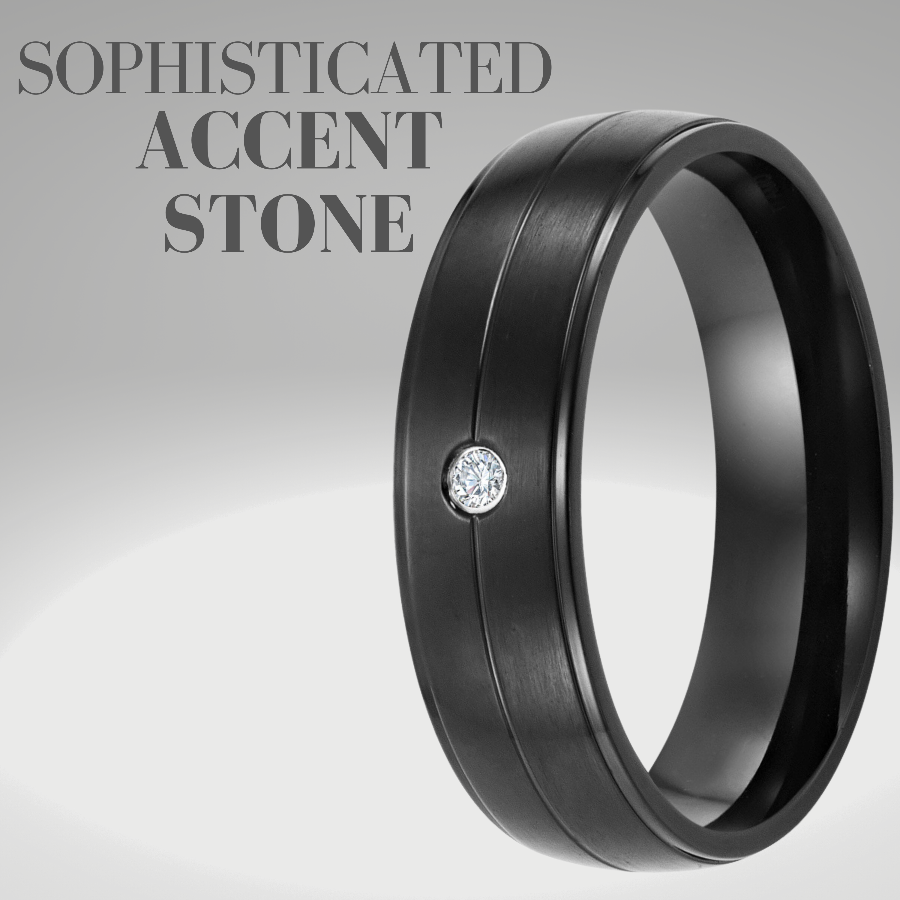 Mens 7mm Black Titanium Band Ring with CZ Stone