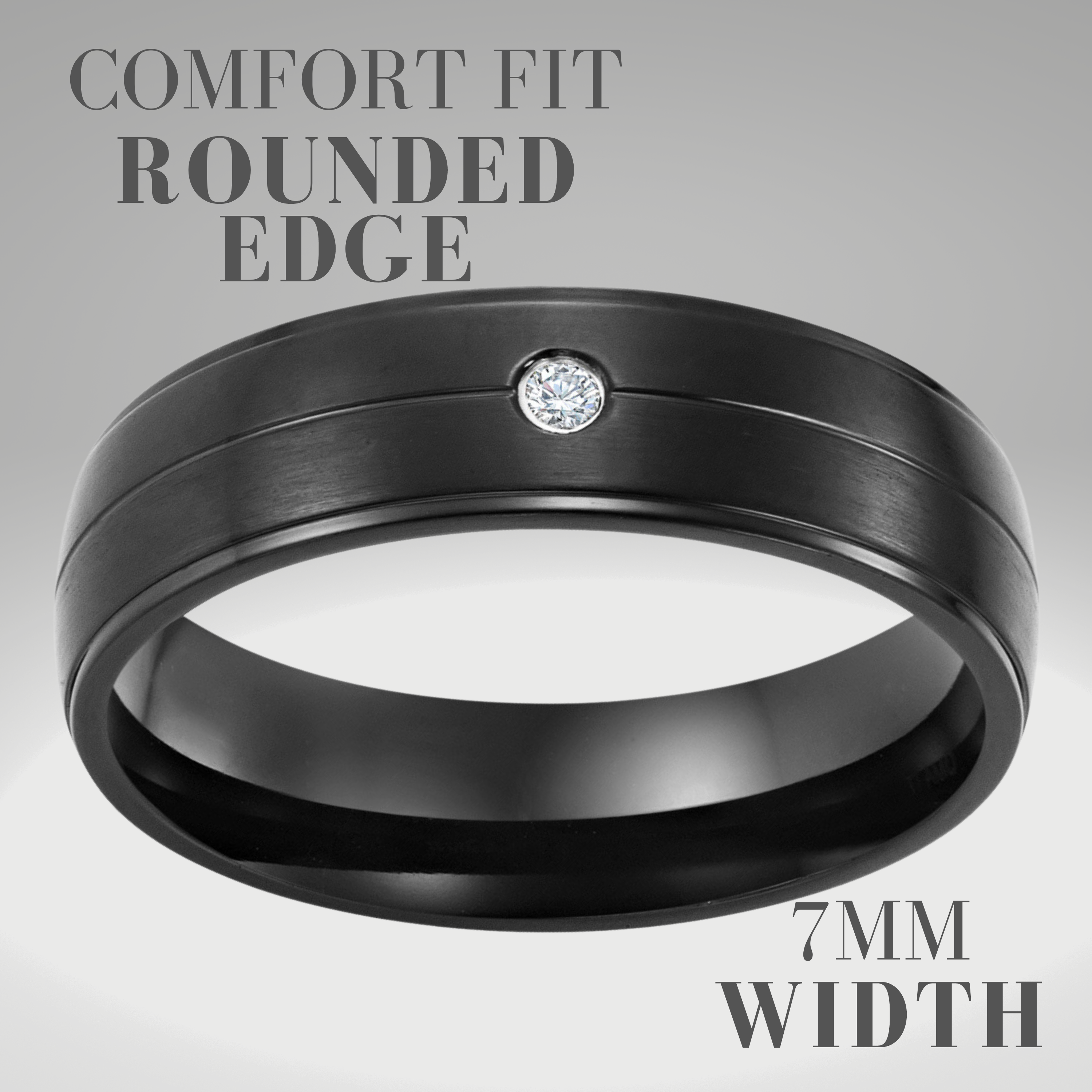 Mens 7mm Black Titanium Band Ring with CZ Stone