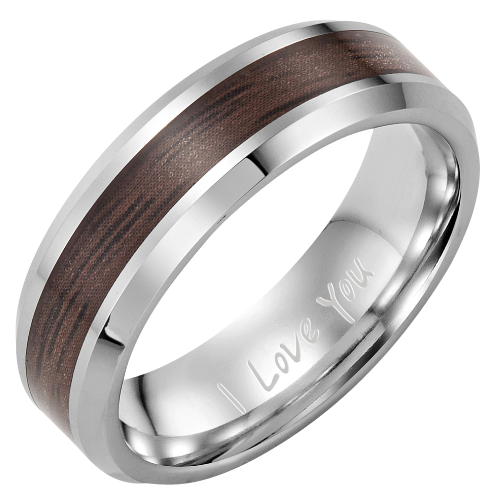 Mens Tungsten Wooden Ring Engraved I Love You