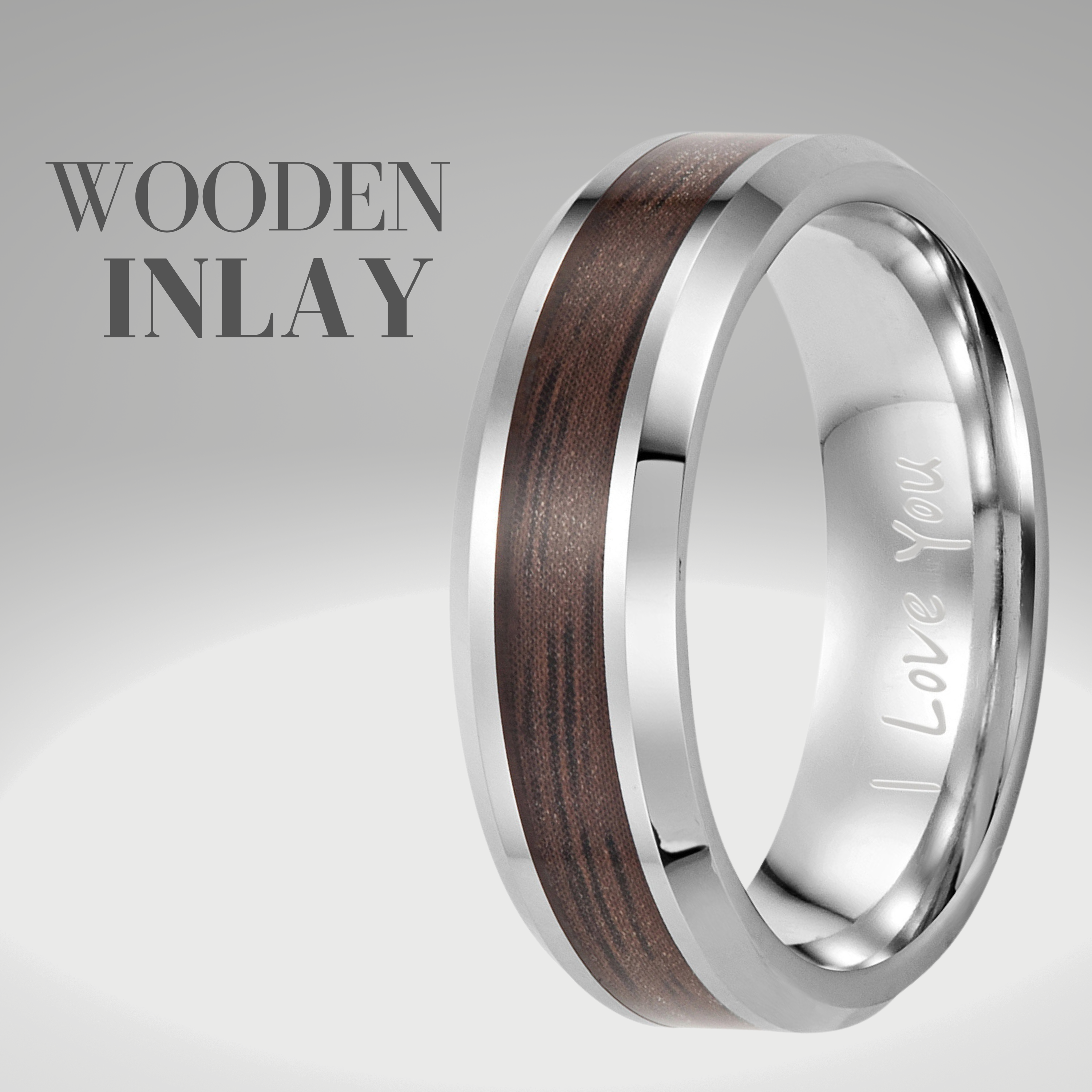 Mens Tungsten Wooden Ring Etched I Love You