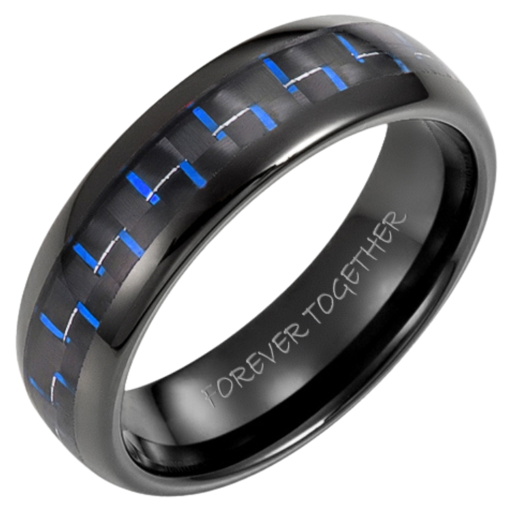Mens Black Tungsten Ring with Blue Carbon Fiber engraved Forever Together