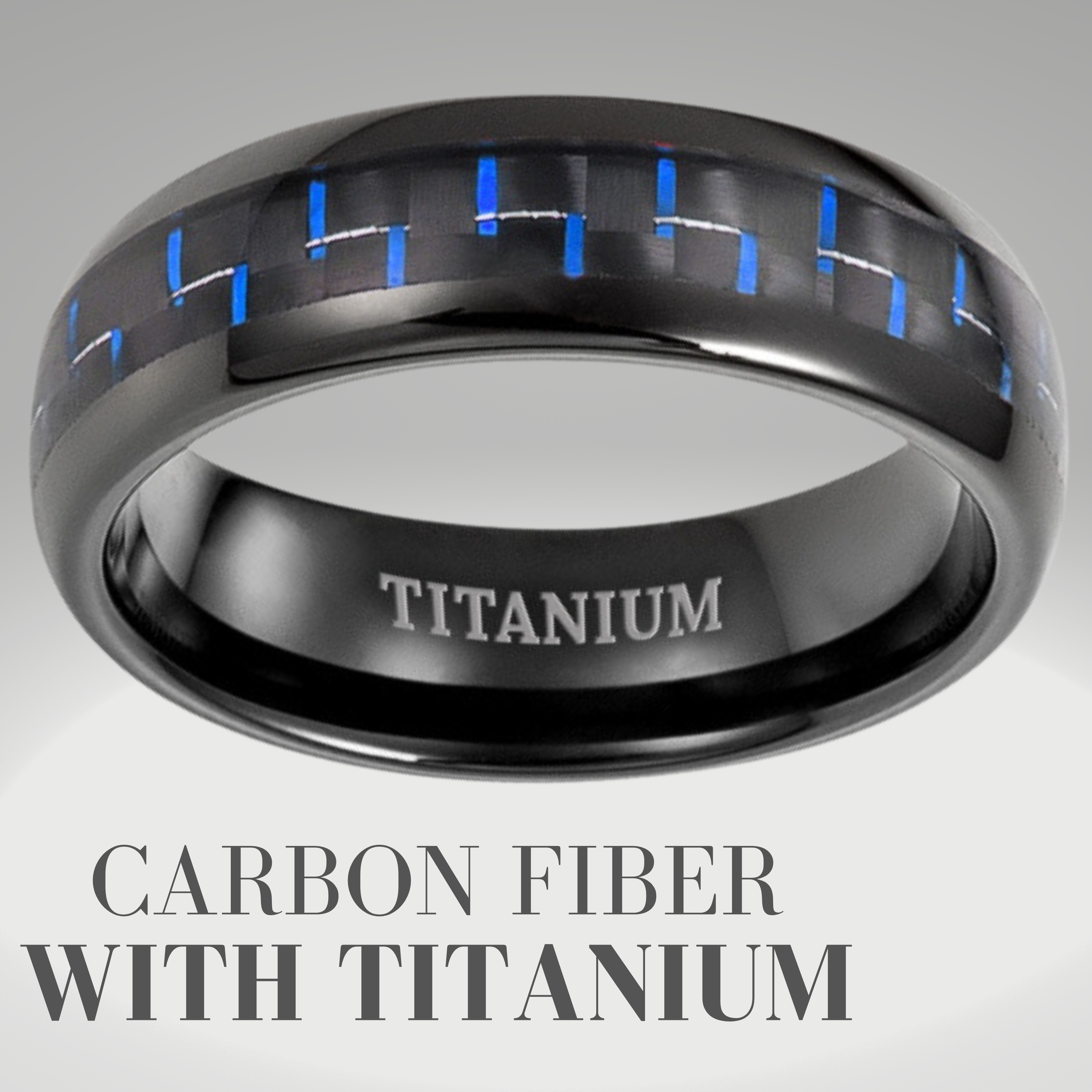 Mens Black Tungsten Ring with Blue Carbon Fiber etched Forever Together