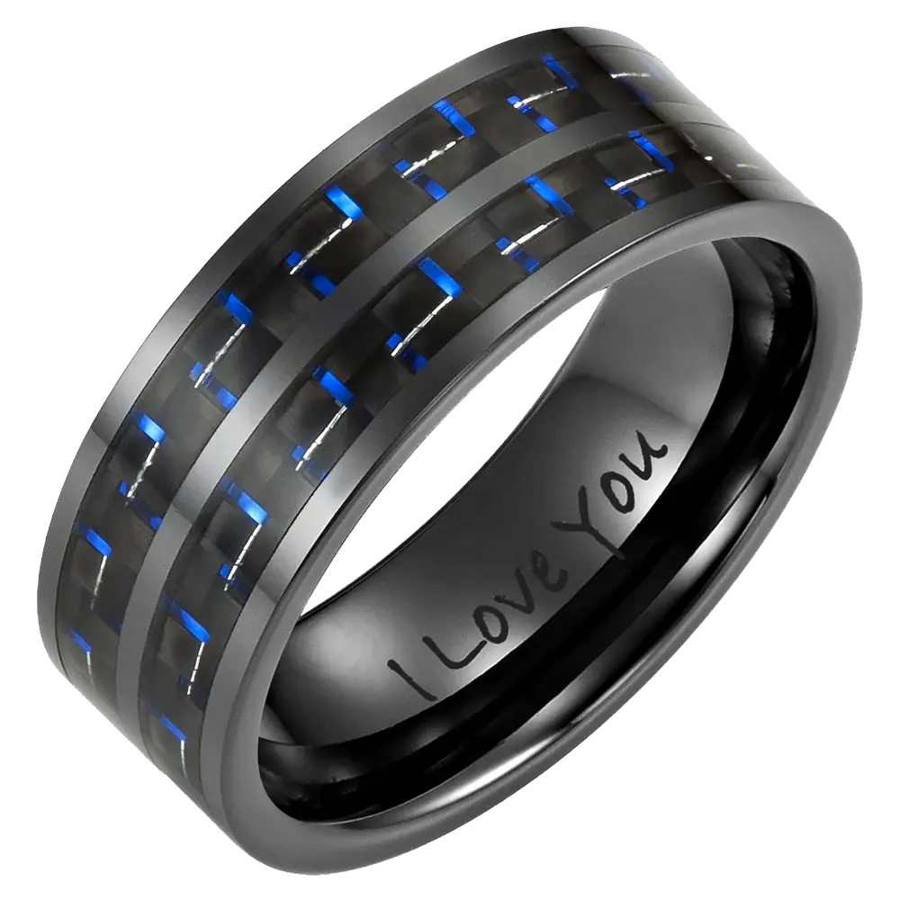 Mens Blue CZ Ring Engraved I Love You