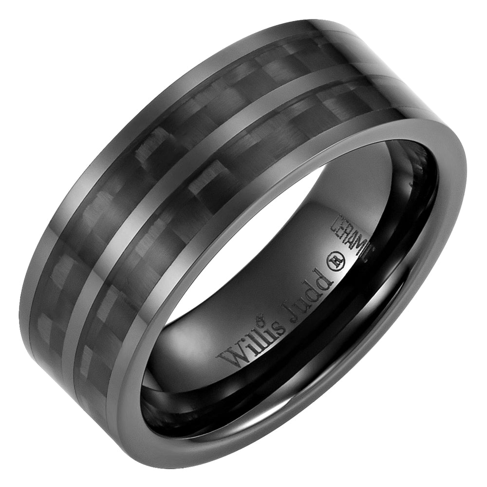 Men's Black Ceramic Ring with Black Carbon Fiber, Engraved I Love You