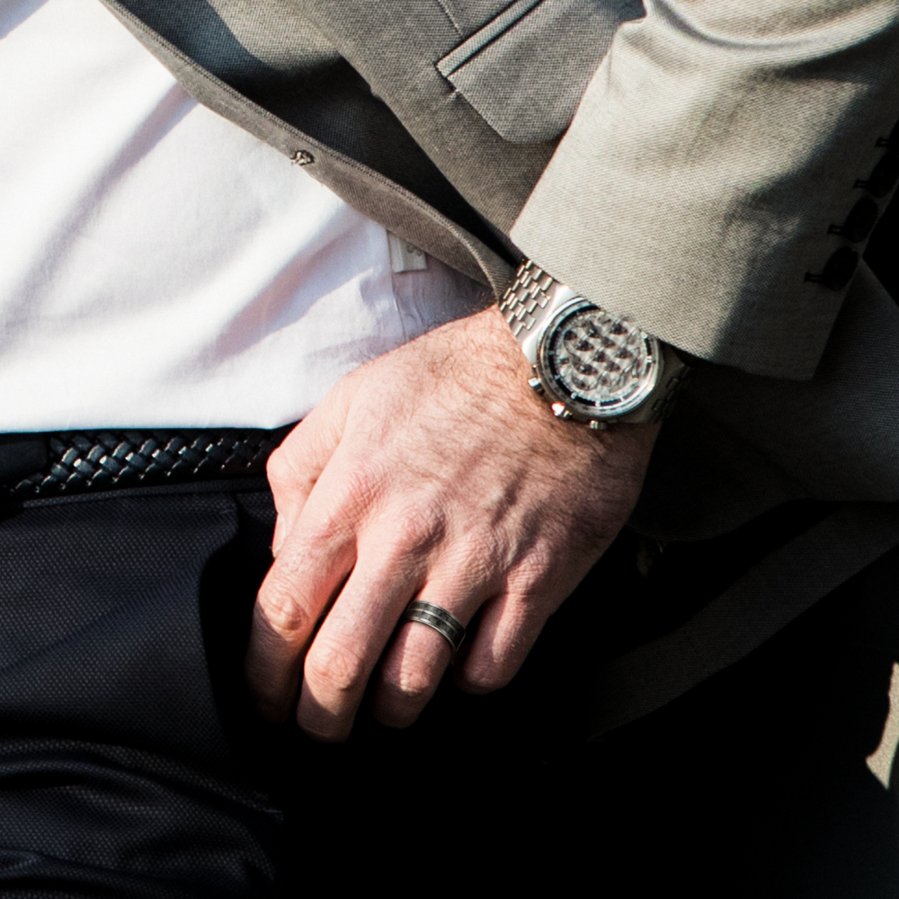 Men's Black Ceramic Ring with Black Carbon Fiber, Engraved I Love You