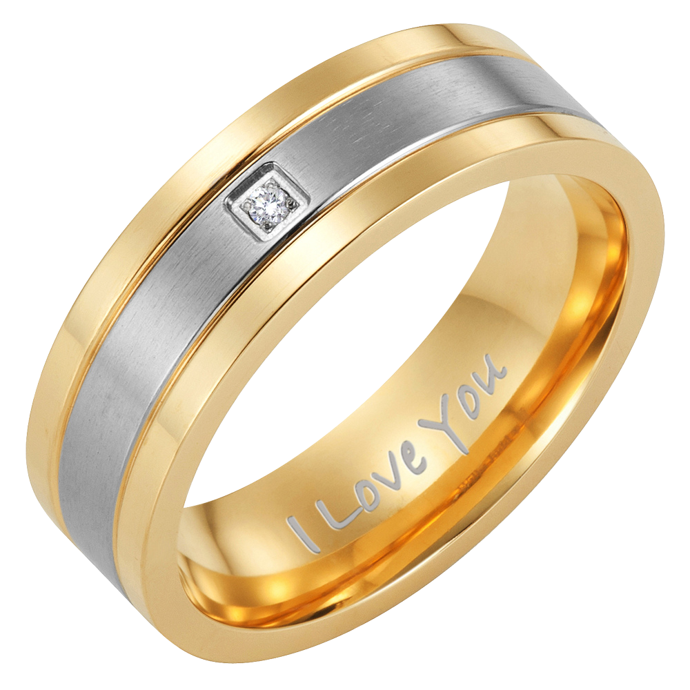 Mens Gold Silver CZ Stone Titanium Band Ring Engraved I love You