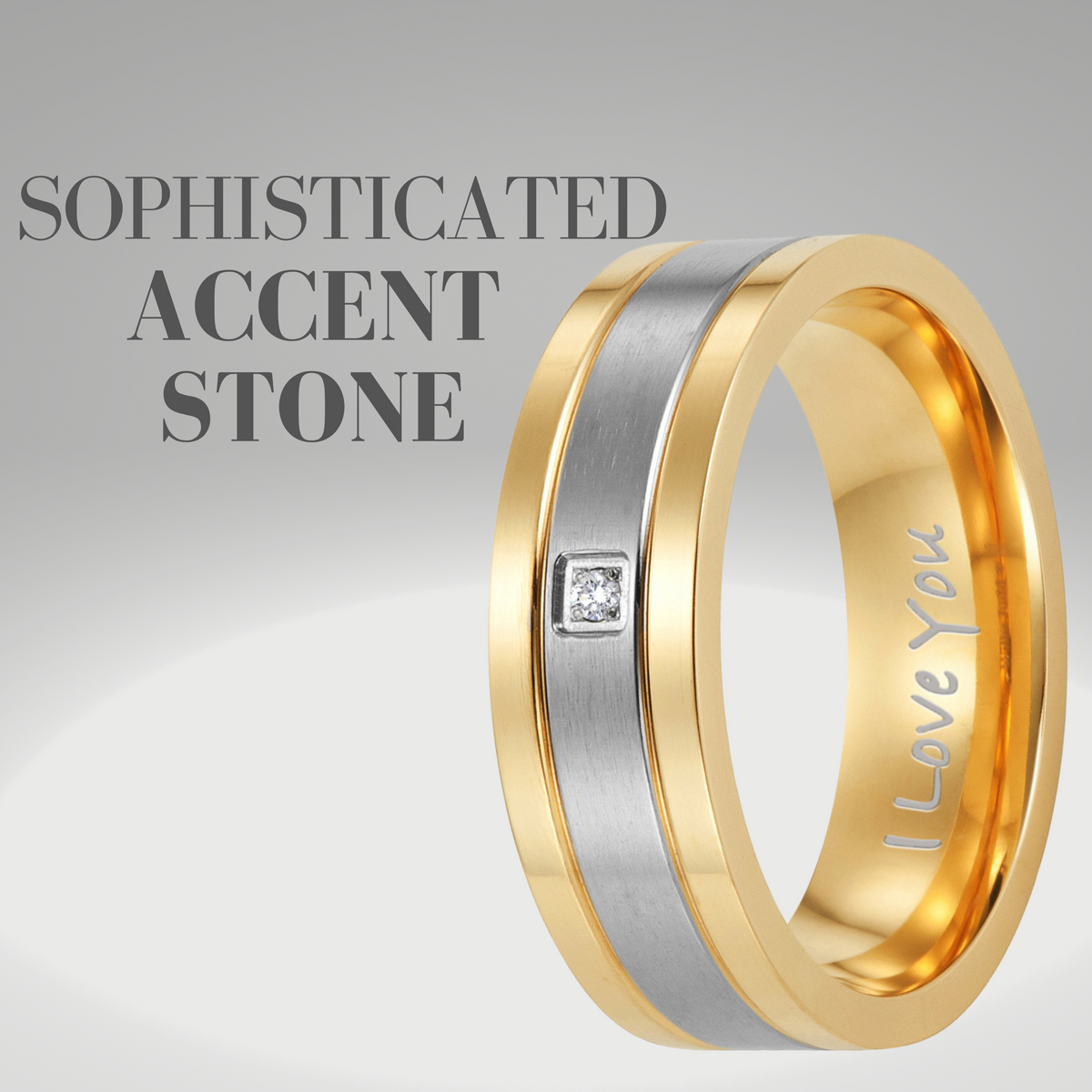 Mens Gold Silver CZ Stone Titanium Band Ring Engraved I love You