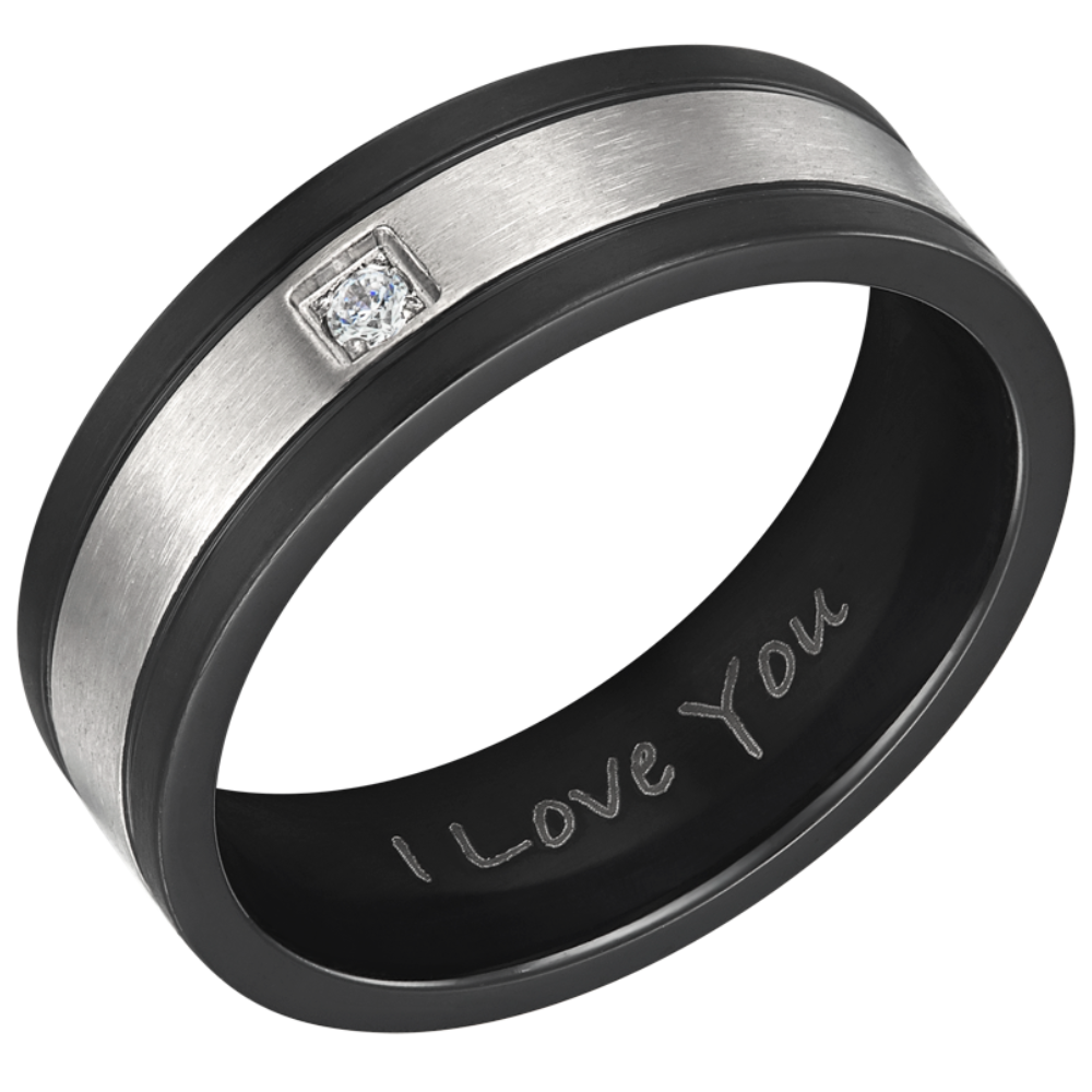 Mens Black and Silver CZ Stone Titanium Band Ring Engraved I Love You