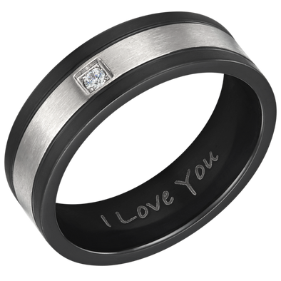 Mens  Black Silver Stone Titanium Band Ring 7mm
