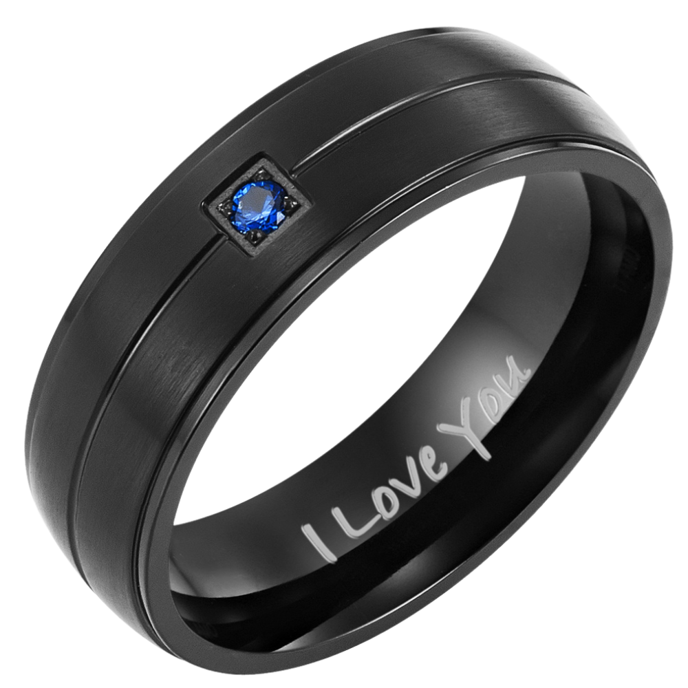 Mens Black Titanium Ring with Blue Accent CZ Stone