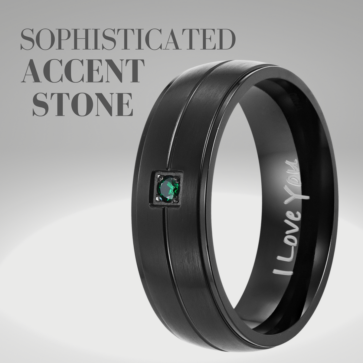 Mens Black Titanium Ring with Green Accent CZ Stone