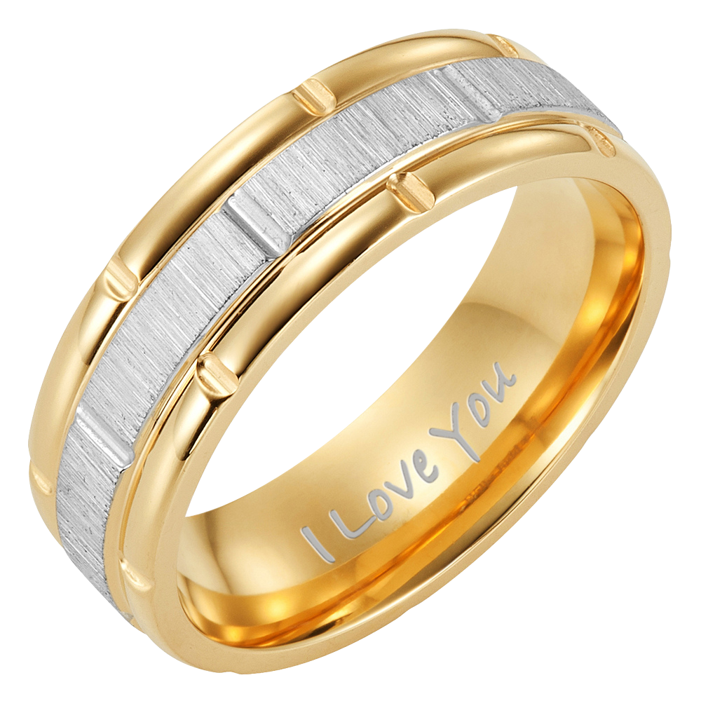 Mens Modern 7mm Two Tone Gold Titanium Ring Engraved I Love You