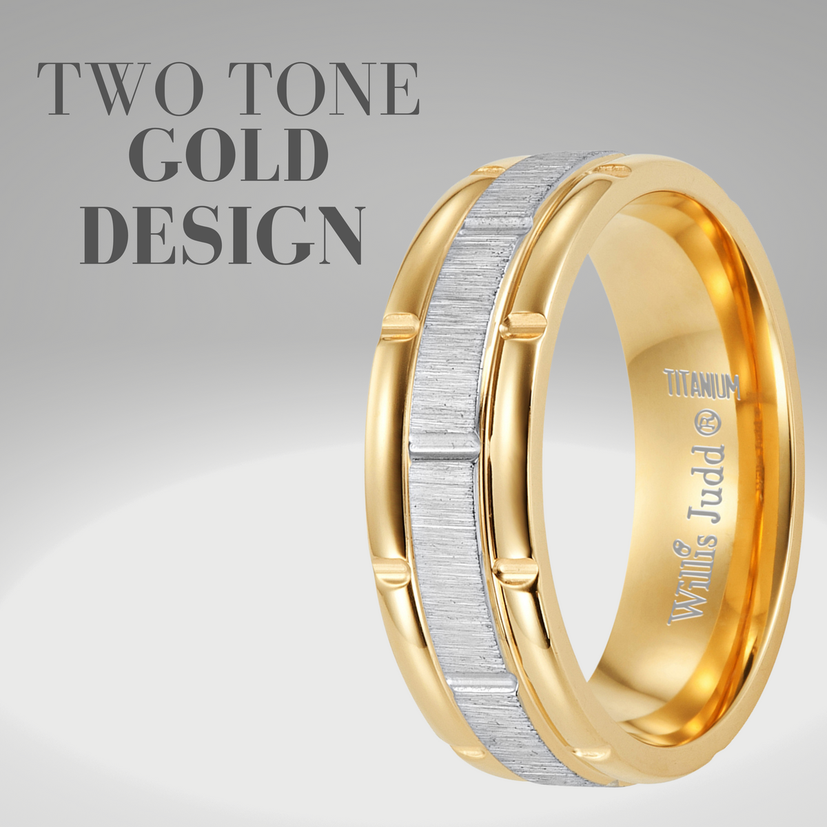 Mens Modern 7mm Two Tone Gold Titanium Ring Engraved I Love You
