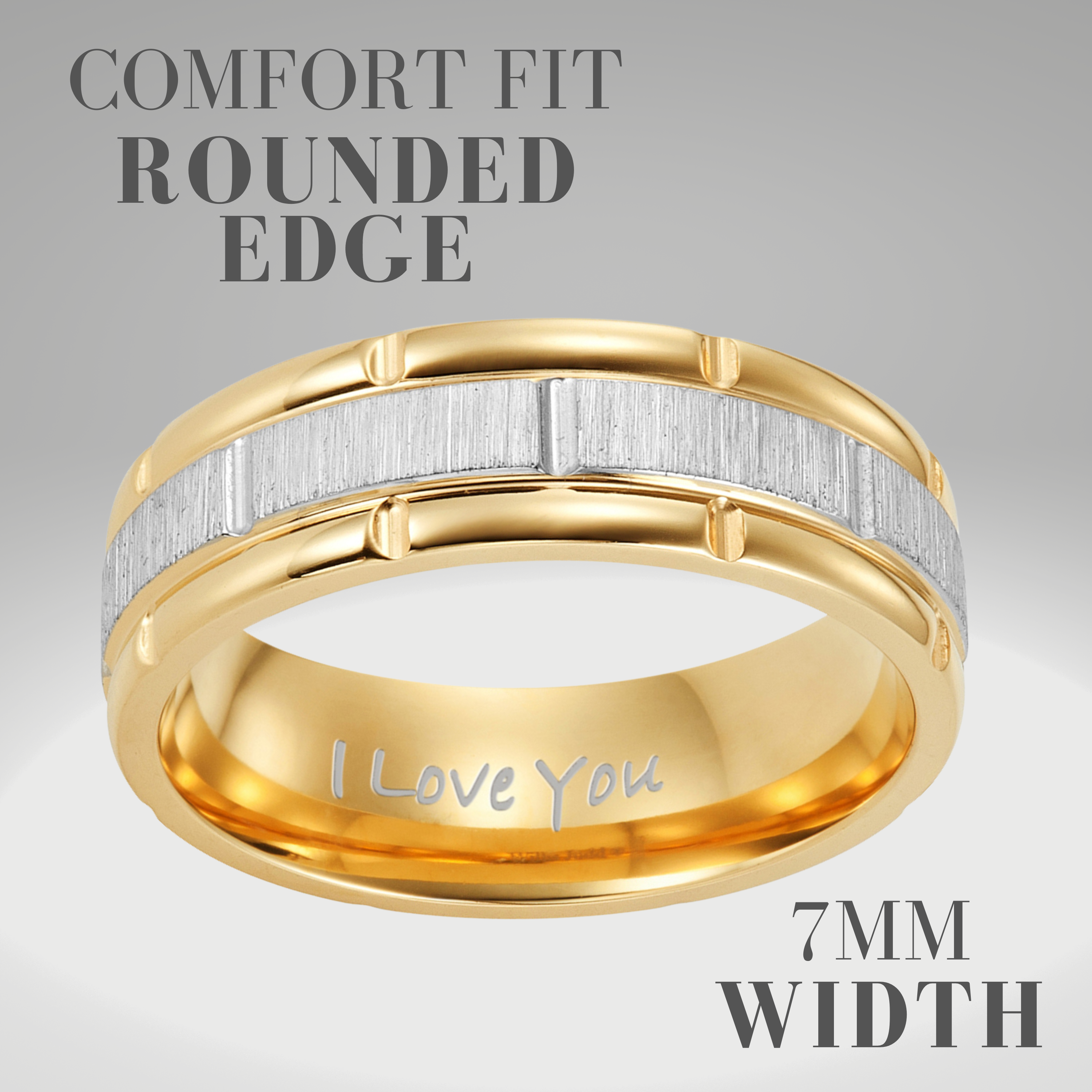 Mens Modern 7mm Two Tone Gold Titanium Ring Etched I Love You