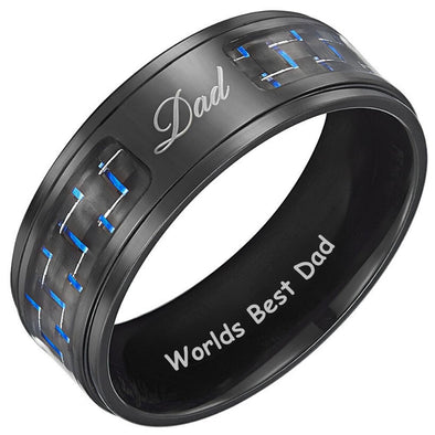Worlds Best Dad Ring Blue Carbon Fiber Black Titanium