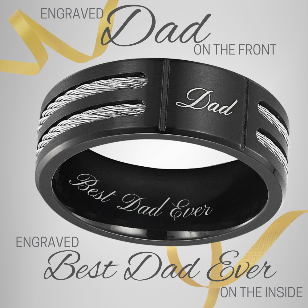 Close up view of etching of Best dad ever black etched ring