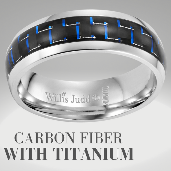 Men’s Titanium Ring Engraved I Love You with Blue Carbon Fiber 7mm