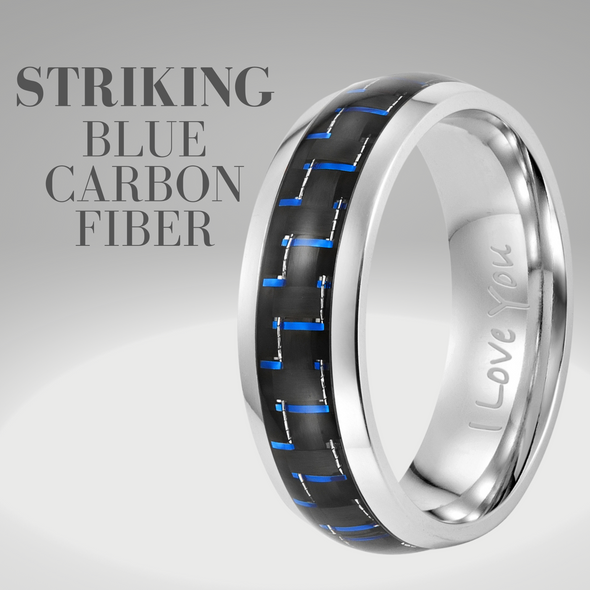 Men’s Titanium Ring Engraved I Love You with Blue Carbon Fiber 7mm