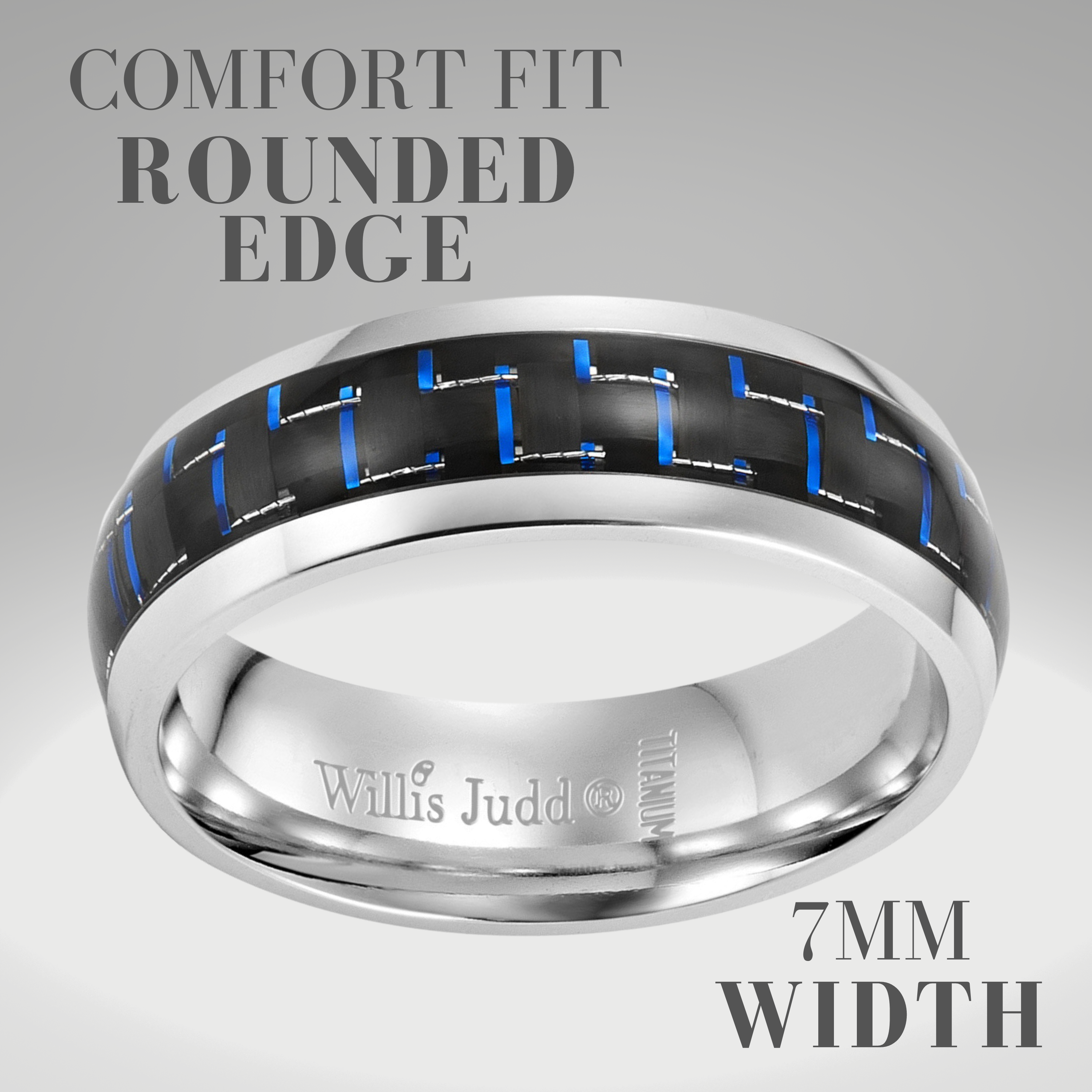 Men’s Titanium Ring Etched I Love You with Blue Carbon Fiber 7mm