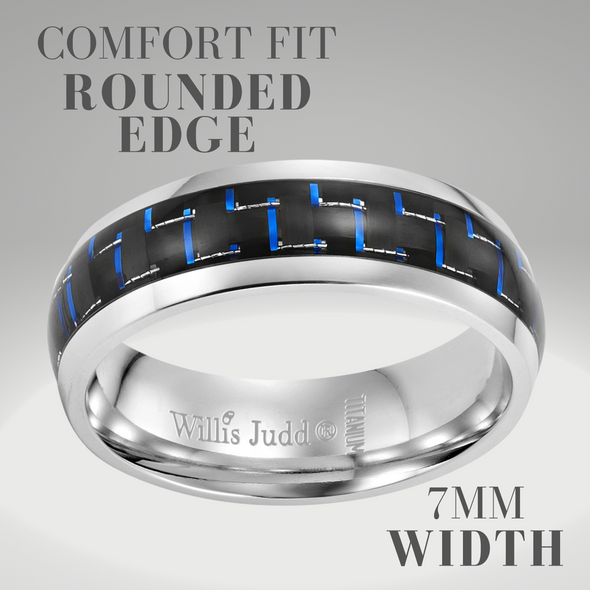 Men’s Titanium Ring Engraved I Love You with Blue Carbon Fiber 7mm